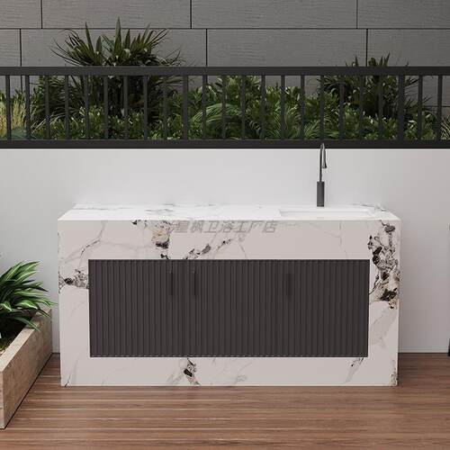 户外岩板立柱盆岛台陶瓷洗手盆带铝合金门庭院花园洗手台操作吧台