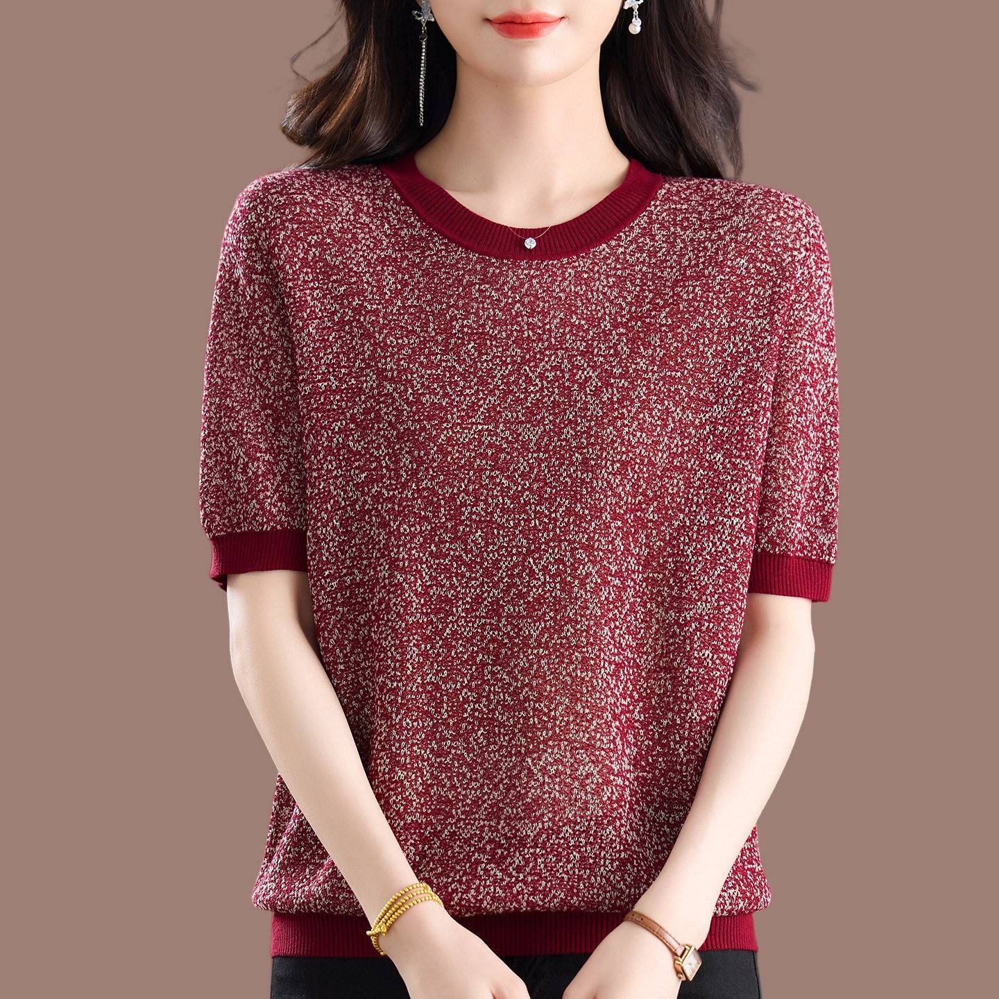 妈妈装夏季圆领桑蚕丝短袖T恤女宽松大尺码遮肚显瘦冰丝针织衫上