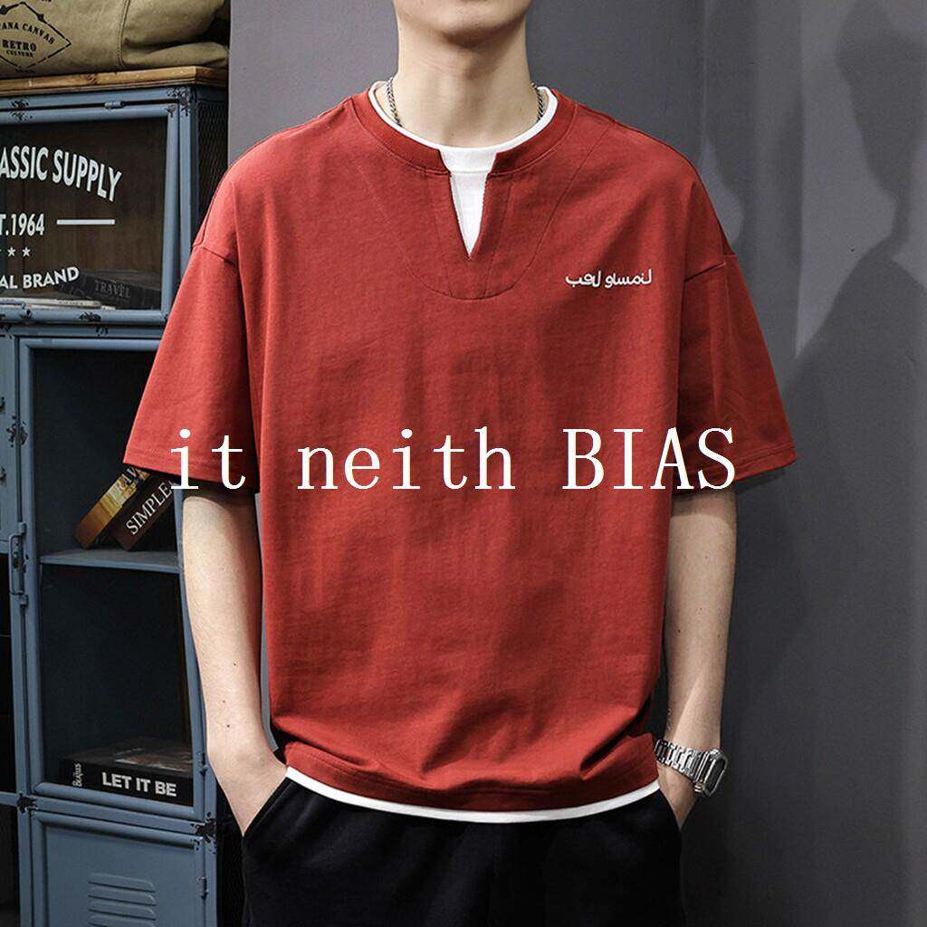 it neith BIAS2026夏季新款假两件V领短袖T恤男宽松休闲红色印花
