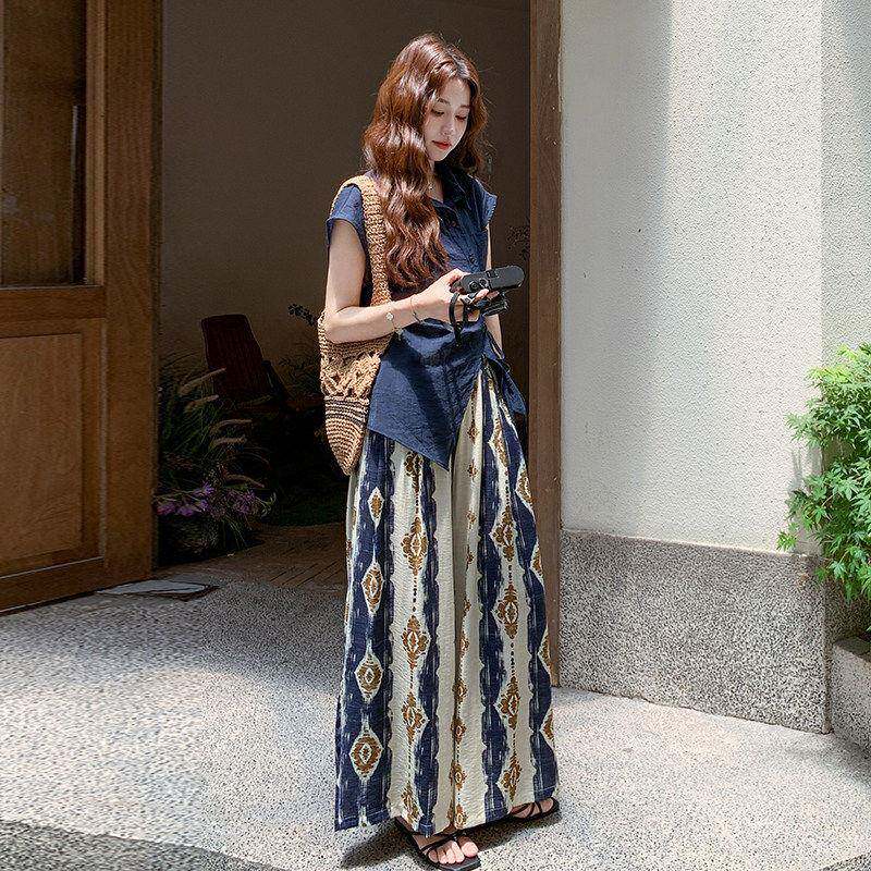 藏青色套装春夏季新款民族风松弛感系带衬衫印花阔腿裤子两件套