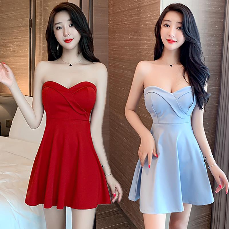 直播衣服女主播夜场性感一字领大摆抹胸洋装洋装小礼服2025新款