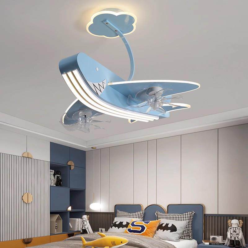 儿童房吊扇灯全光谱护眼房间卧室吸顶灯卡通飞机款男孩女孩风扇灯