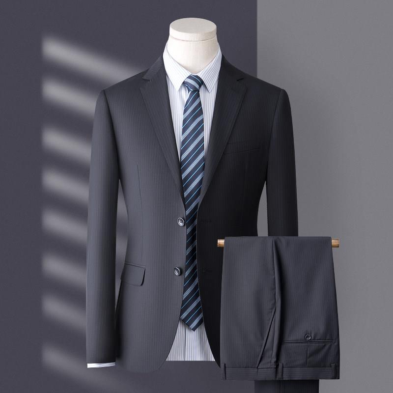 藏青色羊毛西服套装男细条纹高端商务正装婚礼高级感西装男外套