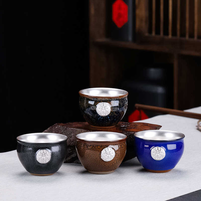 鎏金银盏建盏茶杯陶瓷主人杯单杯个人办公家用金水复古茶盏品茗杯