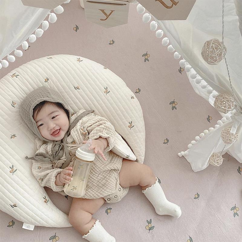 INS儿童房长毛绒游戏地垫橄榄花印染地毯宝宝爬行垫地毯摄影道具