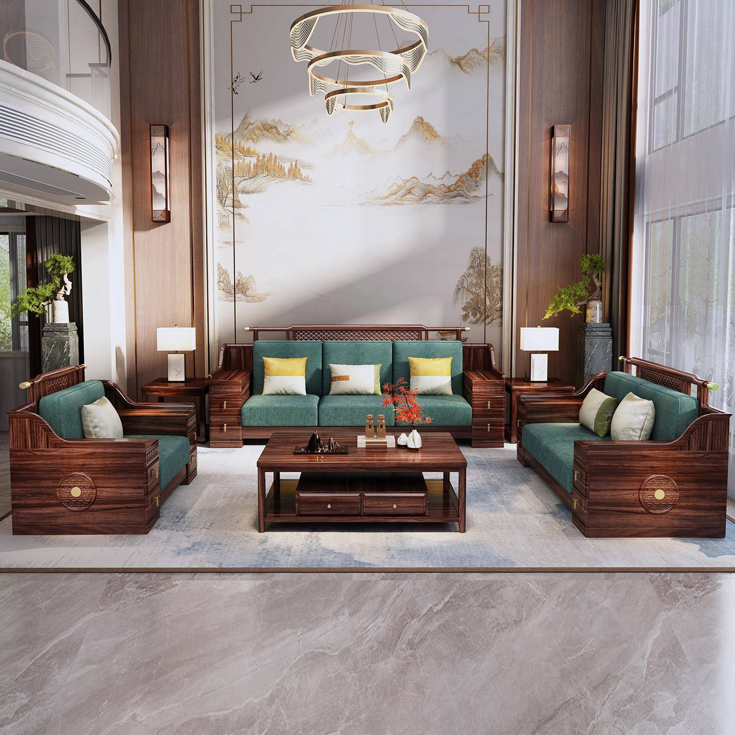 乌金木新中式实沙客发厅农村自建房别墅冬夏两用全实具木别墅沙发