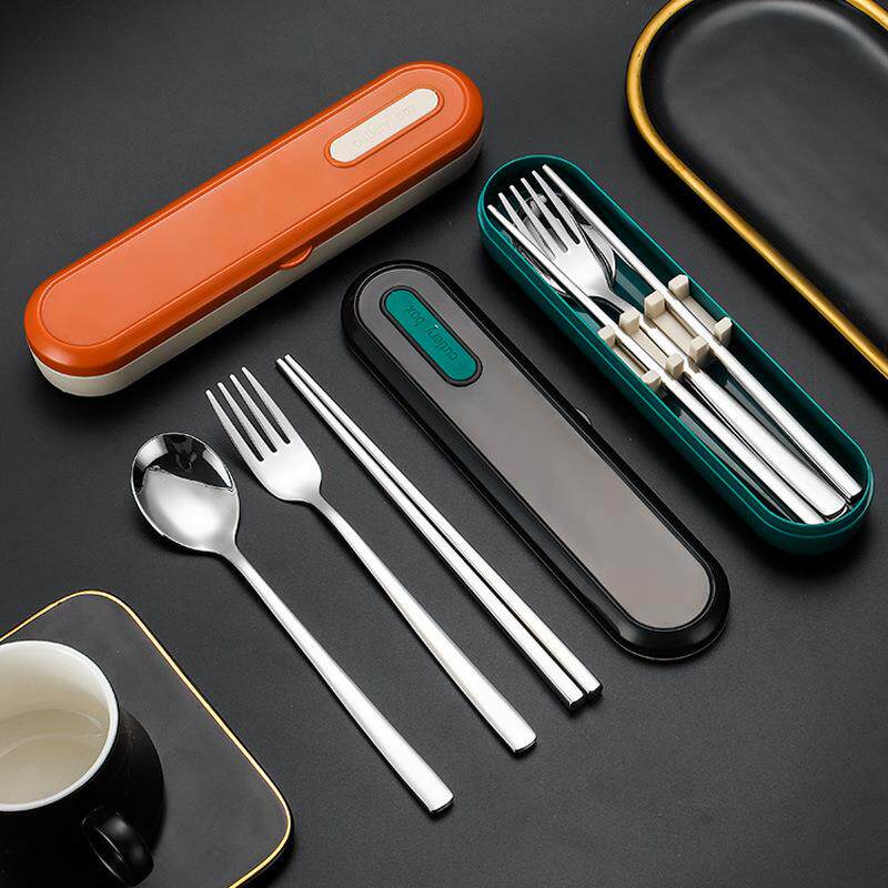 学生便携餐具套装316不锈钢叉勺筷子韩式风户外旅游收纳盒三件套