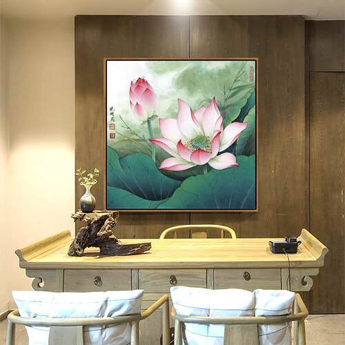 荷花装饰画正方中式卧室挂画客厅餐厅书房莲花鲤鱼图卫生间壁画