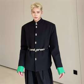 高级感金属扣西装男小众袖口撞色设计感韩版复古立领式中山装外套