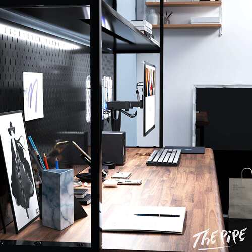 8V实木书架一体桌电脑桌loft实木双人书桌书架靠墙长条桌工作台