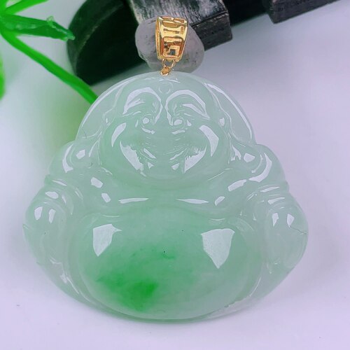 缅甸天然真品翡翠冰种18k金扣头冰阳绿满绿闪拍佛公玉石吊坠5.05g