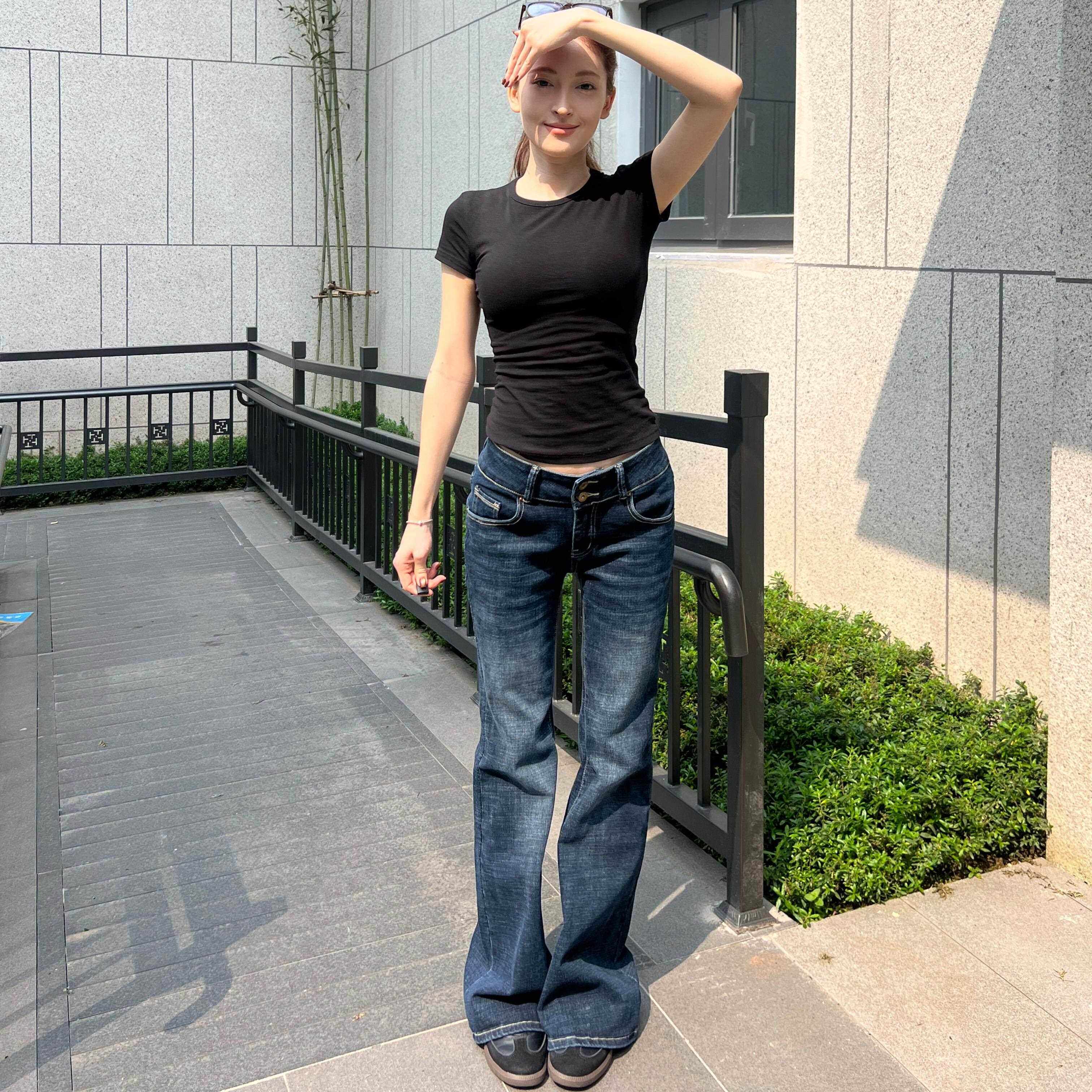 MY FAERIE复古中低腰微喇牛仔裤女小个子辣妹弹力修身喇叭裤子