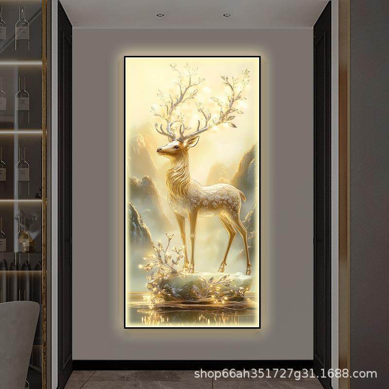 轻奢入户玄关装饰画led灯光画高档大气走廊过道挂画客厅麋鹿壁画