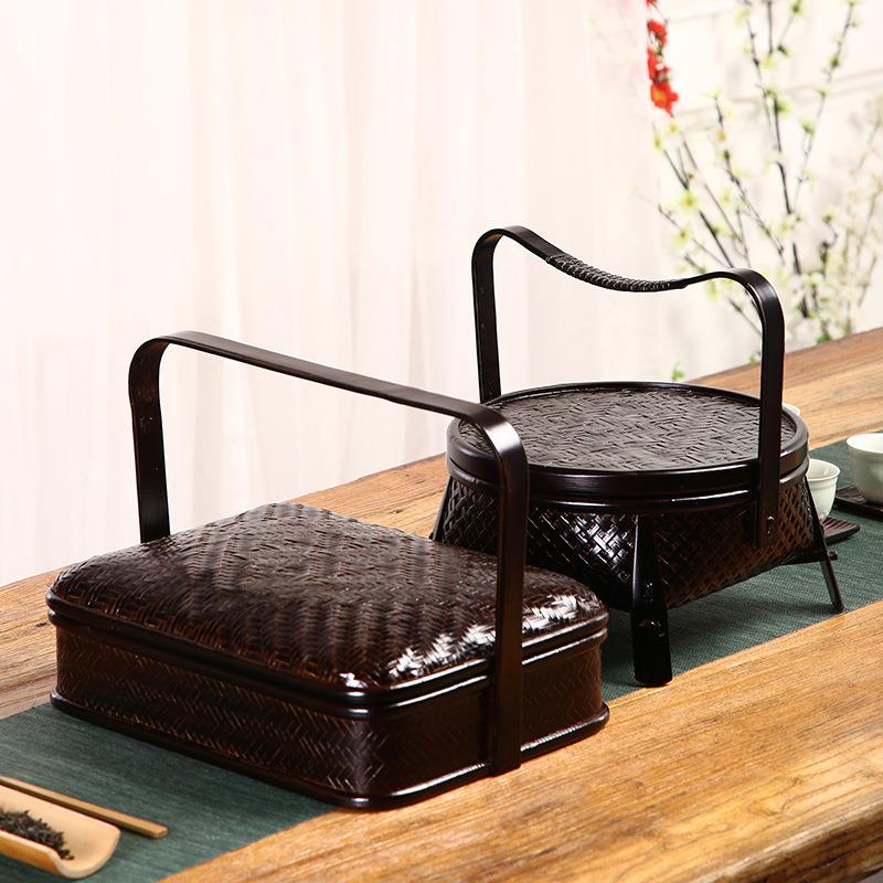 竹制品日式纯手工竹编茶具收纳盒茶盒家用带盖子复古点心篮食盒