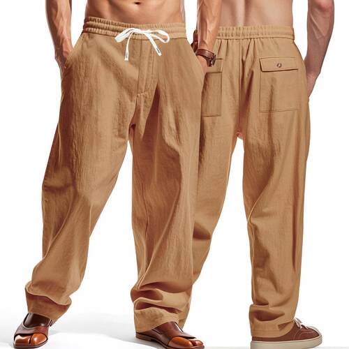Men Color Linen Pants Regular Casual Comfy Trousers Spring