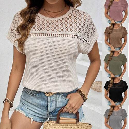 Plus Size Tops for Women Hollow Out Waffle Knit T-Shirts