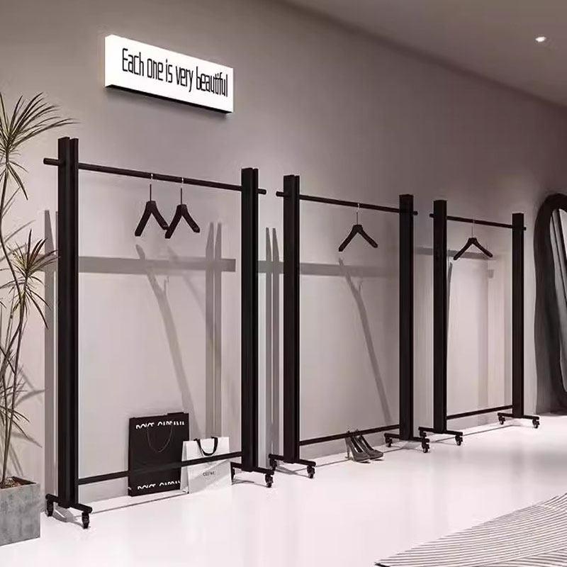 黑色服装店展示架落地式带轮移动挂衣架铁艺男女装店铺中岛陈列架