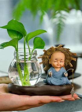 新款草帽和尚水培花瓶办公室工位客厅摆件插花干花绿萝水养植物瓶