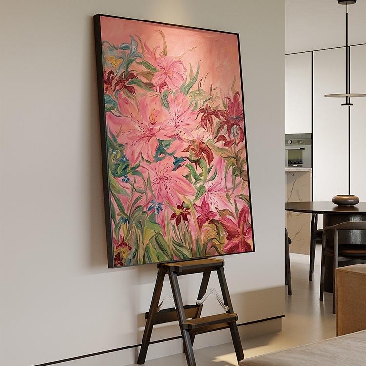 百合花多巴胺奶油风纯手绘油画抽象肌理客餐厅玄关走廊装饰画金属