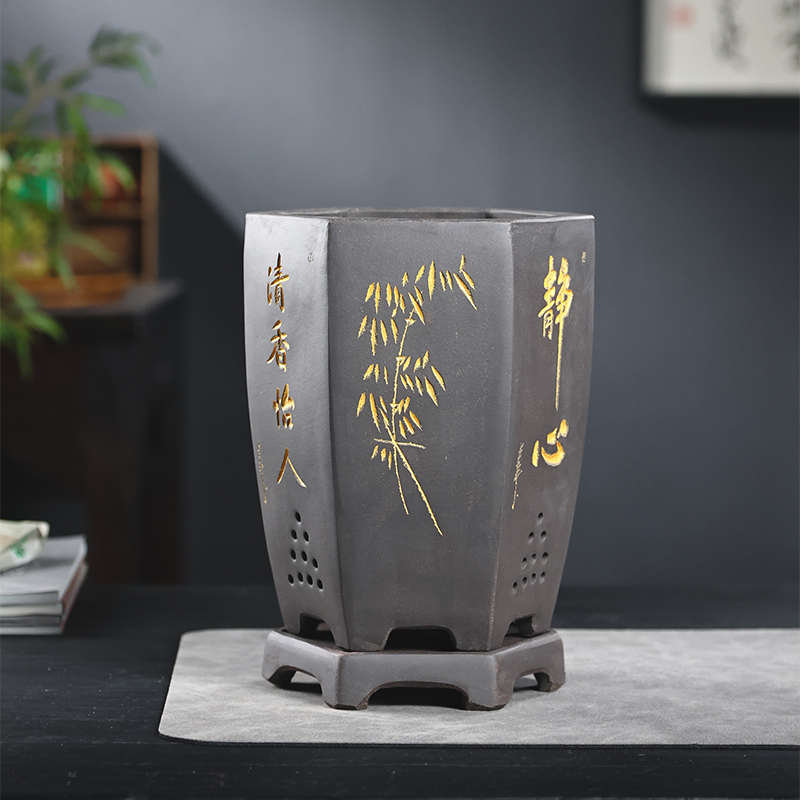 紫砂兰花盆君子兰六方带托盘兰草盆景陶瓷盆栽室内客厅兰花盆