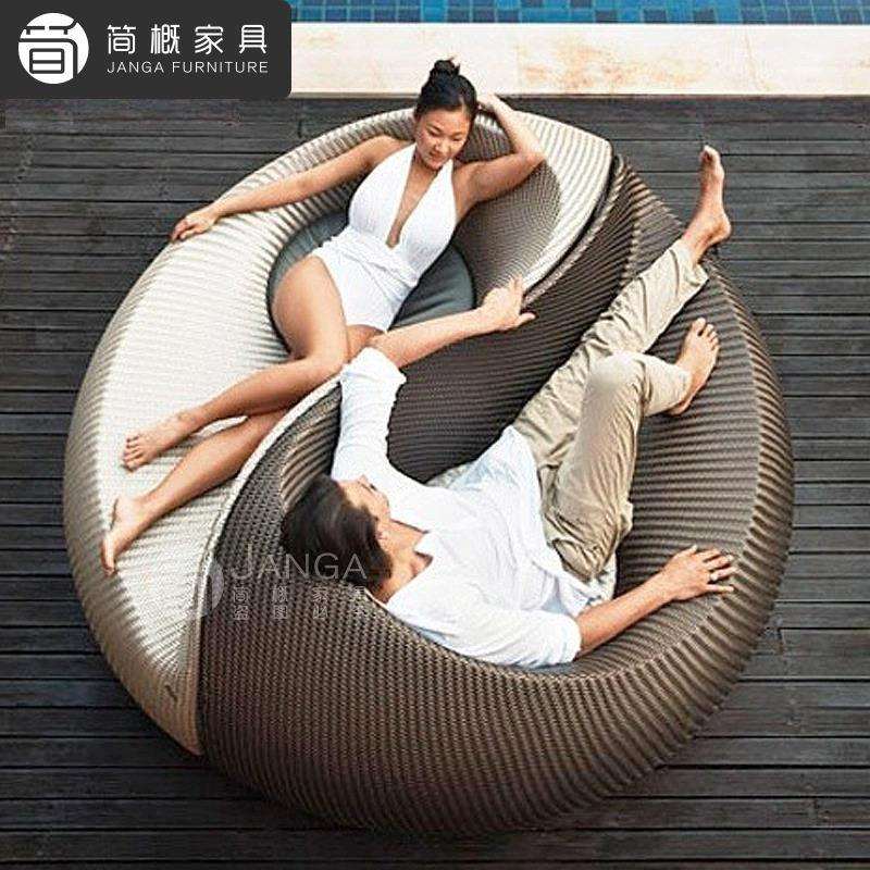 户外花园庭院藤编躺床别墅露台休闲防水防晒沙发躺椅室外躺床组合