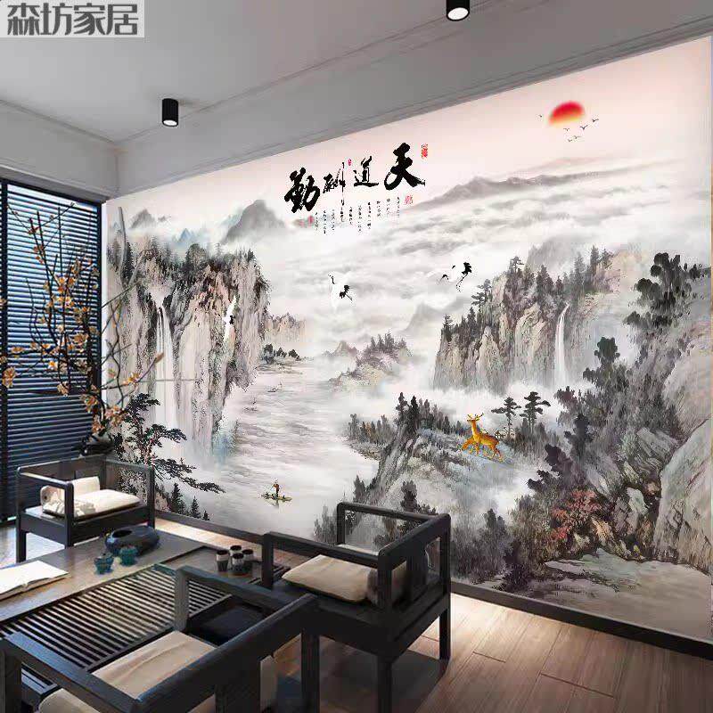 水墨竹木影视护墙板生财墙板大气中式电视流水纤维背景墙集成山水