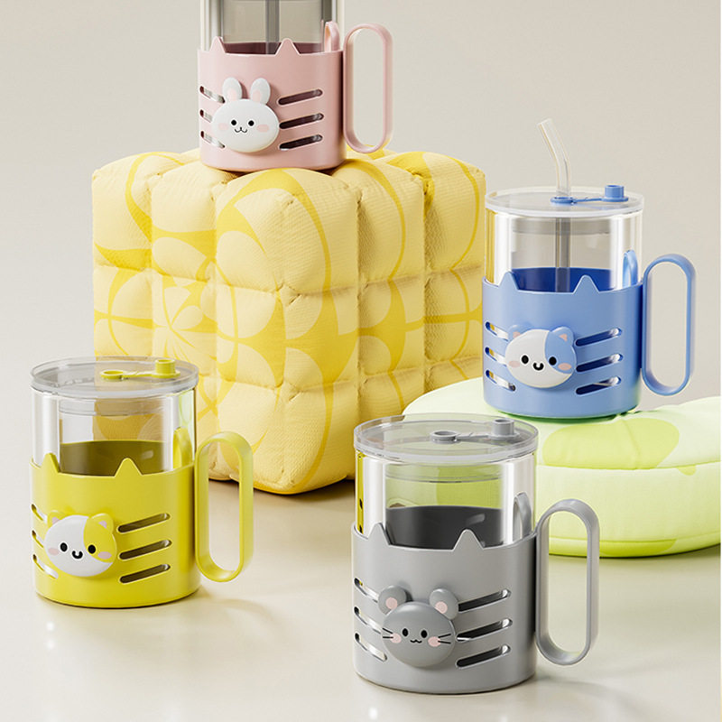 带把手双层玻璃杯卡通印花吸管杯可爱早餐杯礼物水杯牛奶吸管杯子