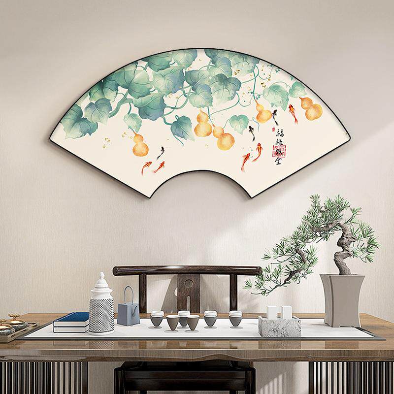 新中式客厅玄关装饰画扇形国风挂画茶室竹报平安墙画禅意扇面壁画