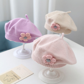 宝宝帽子秋冬季女婴儿可爱花朵贝雷帽儿童，毛线帽女童针织画家帽潮