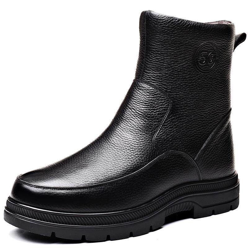 高档头牛皮棉棉鞋防滑雪地男靴皮毛一体羊毛皮靴真皮高帮层中老年