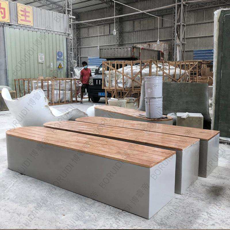 玻璃钢防腐木长条座椅户外公园直条休息椅广场休息区公共木纹长凳