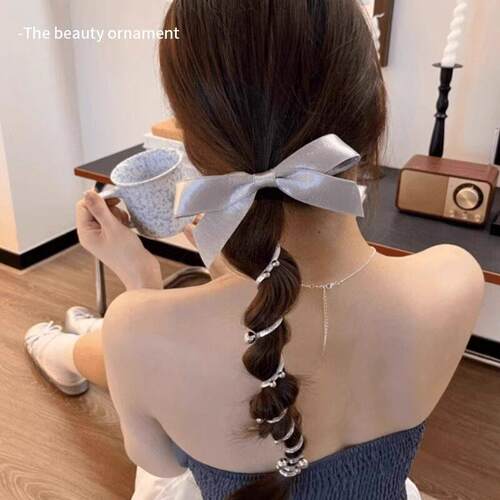 Elegant Silver Bow Telephone Wire Hair Ties for Women, Pearl