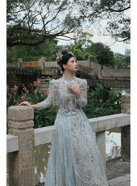 富夷蓝色流苏秀禾服婚服2024新款小个子新娘中式嫁衣龙凤褂出阁服