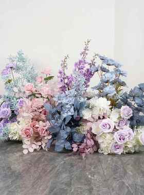 玫粉红色系婚庆大款地排花成品花排T台路引婚礼花艺蓝色仿真花艺