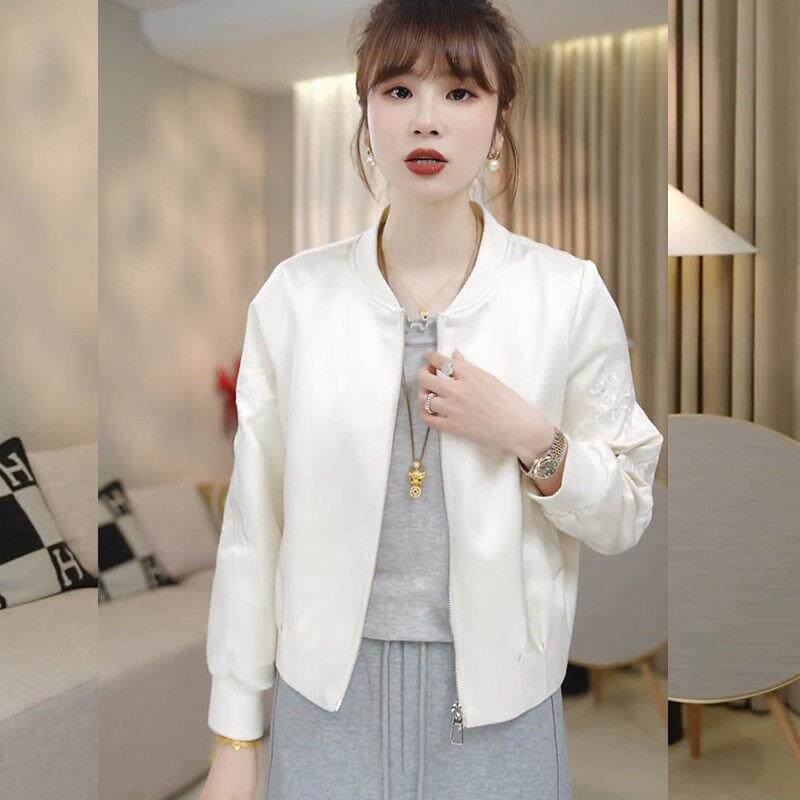 刺绣微光缎棒球服外套女春秋2026新款休闲外搭上衣女开衫夹克显瘦