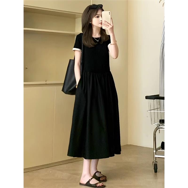 MUAMY夏季新款法式赫本小黑裙高级感撞色简约百搭收腰显瘦连衣裙