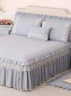 裙AI6床单件床蕾丝床罩纯F7597TMS棉轻奢白色L床笠夹棉盖遮丑