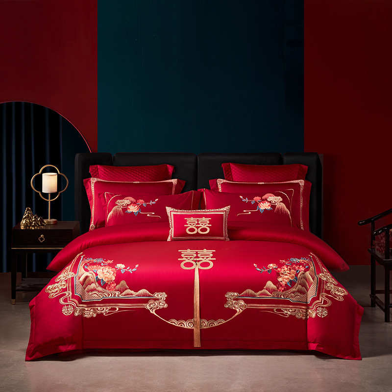 中式刺绣喜色被套床上用品陪嫁新婚庆结婚四件被床单长绒棉套红
