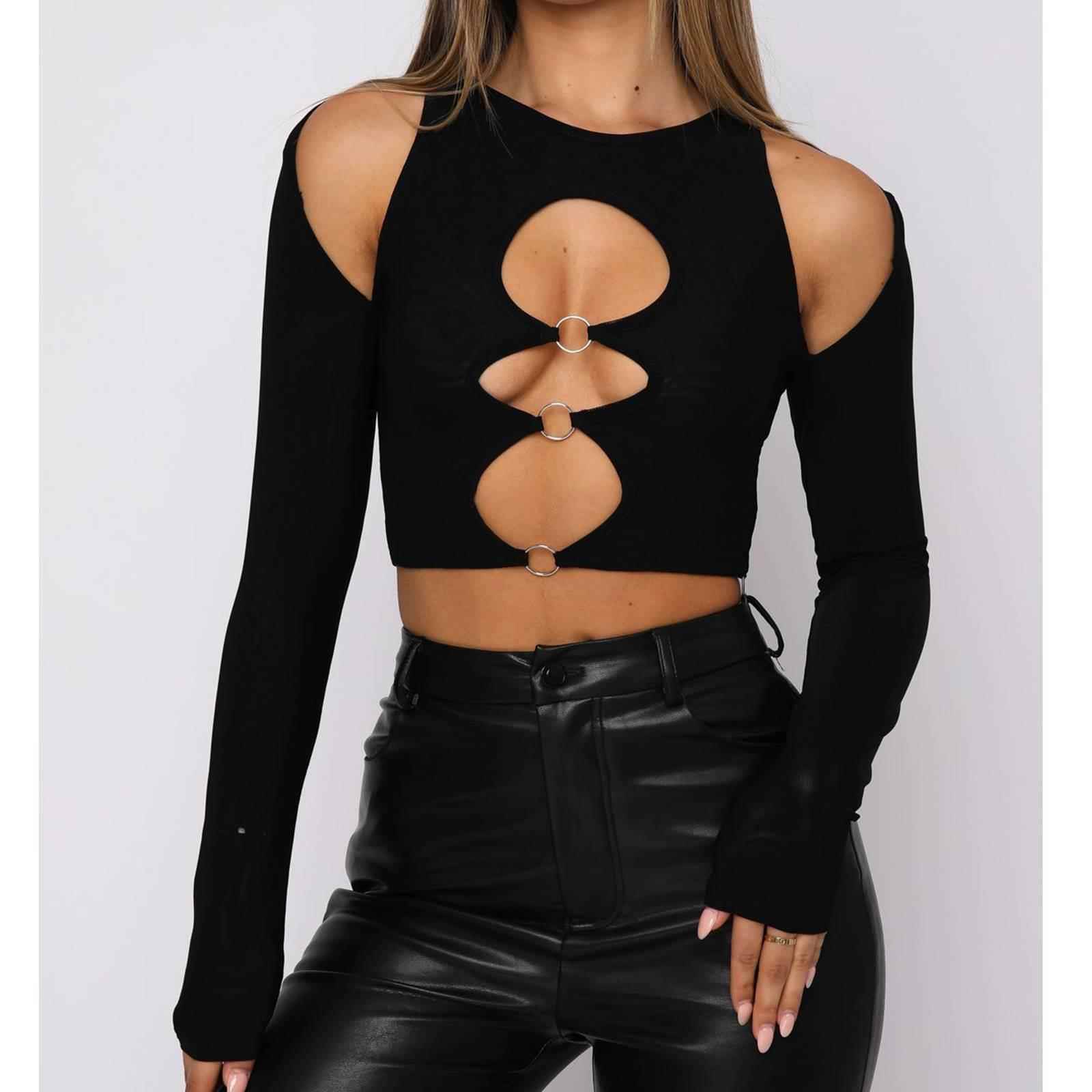 wsevypo Women Cutout Crop ops Solid Color Tshirt Sexy Long