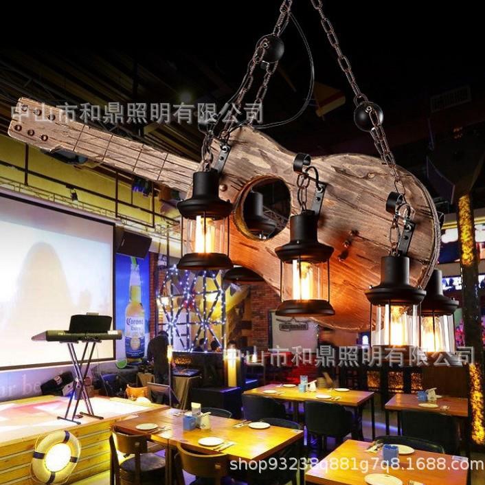 厂家复古工业风吊灯餐厅咖啡厅酒吧台个性创意吉它六头木头灯