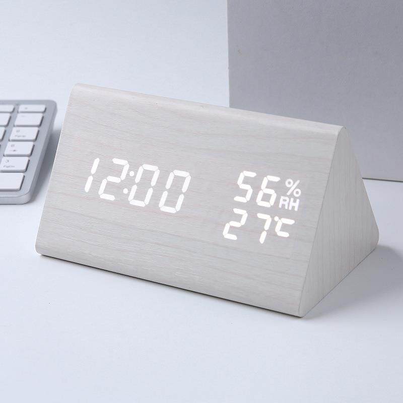 智能温湿度木质钟电子闹钟数字led时钟亚马逊热销三角形PVC木头钟