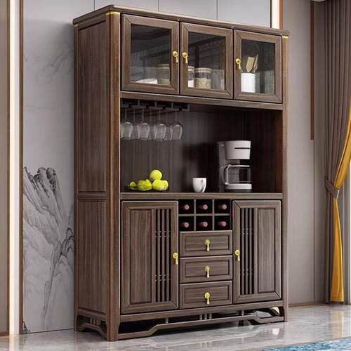 新中式乌金木实木餐边柜靠墙一体置物柜客厅酒柜储物柜家用餐厅柜