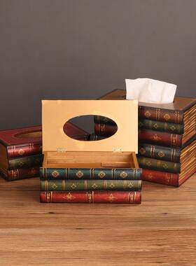 欧式复古手绘书形纸巾盒木质仿真书抽纸盒餐厅饭店加大号纸巾收纳