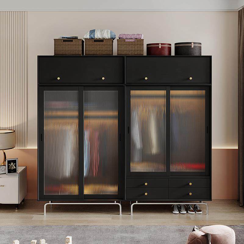 北欧实木衣柜家用小户型推拉玻璃双门收纳柜卧室简约黑色储物衣橱