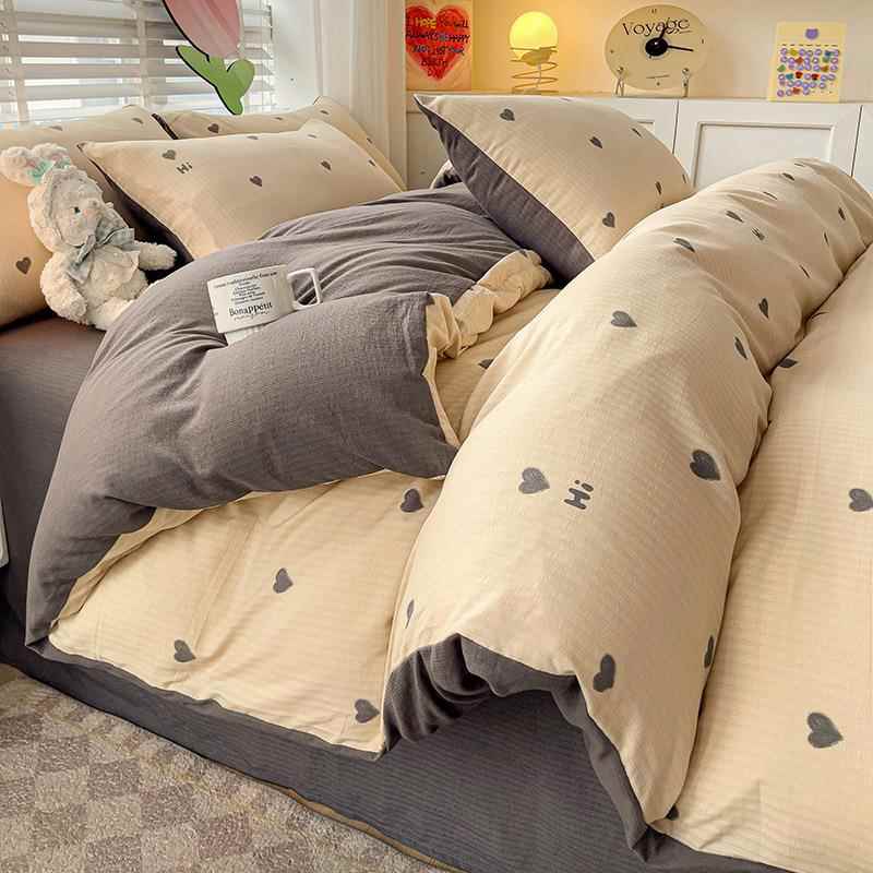A类母婴级竺棉三四件套小清件新水洗棉床单被套小床四季通用笠学