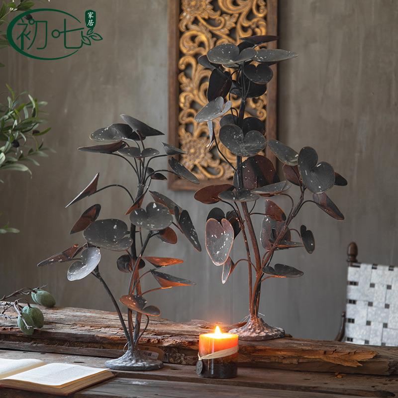 简约仿铜创意摄影道具复古做旧铁艺民宿客厅装饰玄关创意叶子摆件
