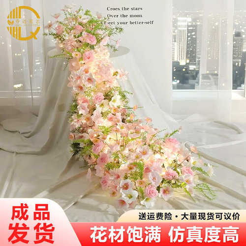 发光瀑布桌花生日宴会装饰粉色长条花艺酒店婚礼节日假花仿真花