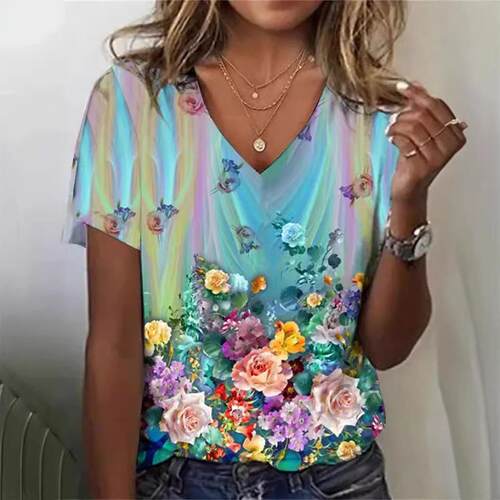 Imitation cotton short sleeved shirt collar floral print