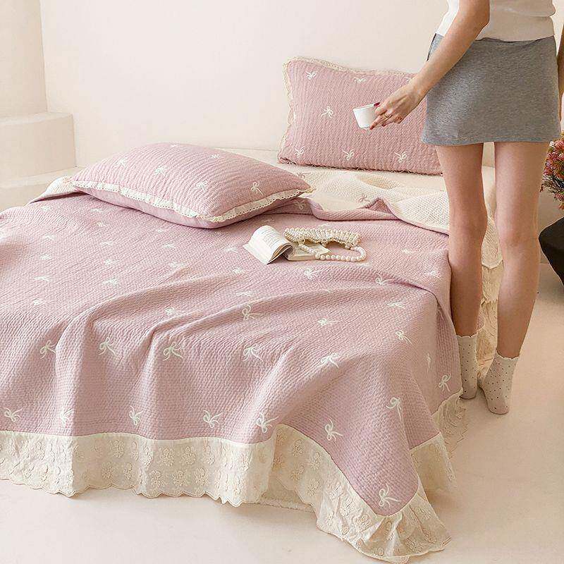 韩式蕾丝花边纱布床盖三件套纯棉色织提花榻榻米加厚床单四季通用