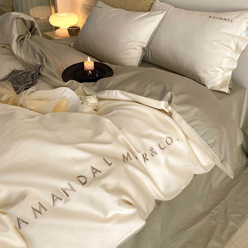 轻奢风100S拼色长绒棉四件套全棉被套床单简约字母床单床笠款套件